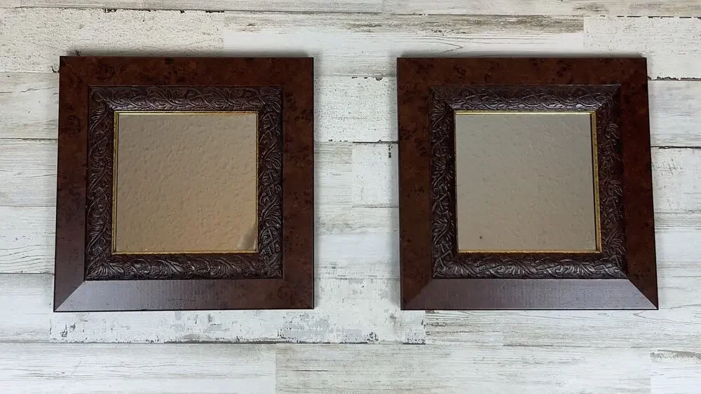 Vintage Home Interiors Square Mirrors Wood Embossed Gold Trim Wall Hanging 2 Way